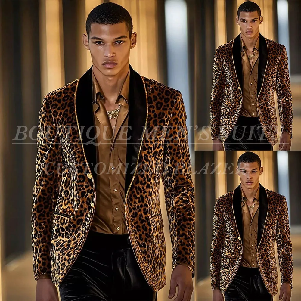 Fashion Leopard Print Men's Suits Slim Fit Single Breasted Shawl Lapel 2 Piece Jacket Pants Male Clothing Prom Party Outfits