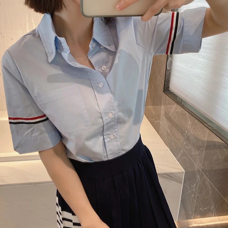 high-quality-korean-fashion-tb-four-bar-summer-new-stripe-contrast-sleeve-panels-white-shirt-preppy-short-sleeve-shirt-women