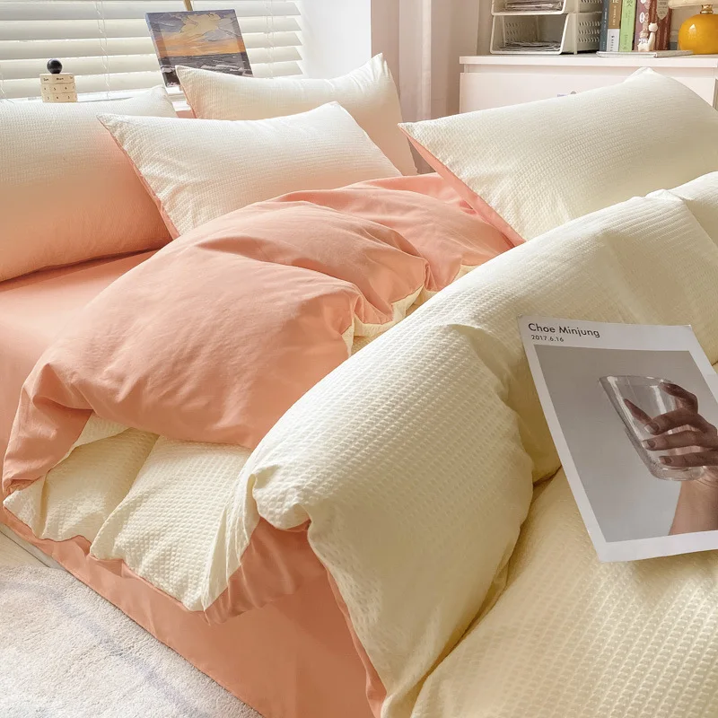 

Flat Bed Sheet Duvet Cover Pillowcase Bedding Sets Waffle Solid Color Bedclothes Comforter Covers Beige Grey