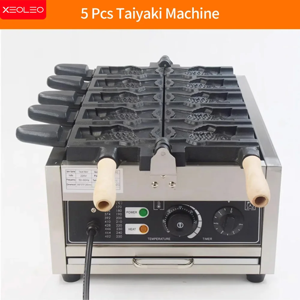 XEOLEO 타이야키 기계 물고기 모양 와플 메이커 기계, 들러붙지 않는 코팅, 오픈 마우스 아이스크림 타이야키 메이커, 3000W, 5 개 