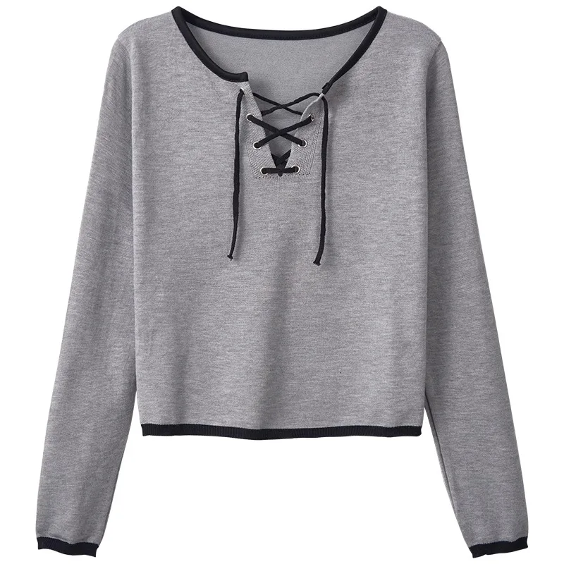 Women Autumn Lace Up Long Sleeve Cropped Sweater