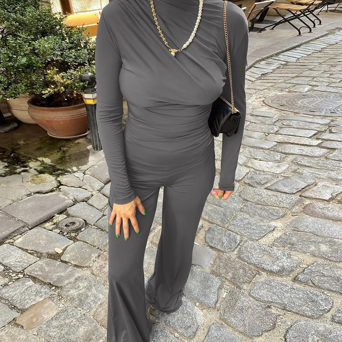 Fashion Autumn 2 Piece-Set Female Flared Pants Streetwear Slim Pleated Long Sleeve Casual Outfits Women's Pants Sets