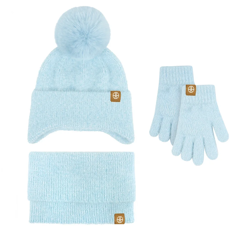 New Winter Children's Hat Neck Warmer Gloves 3pcs Set Winter Infant Knitted Wool Ball Ear Protection Hat Neck Glove 3-piece Set