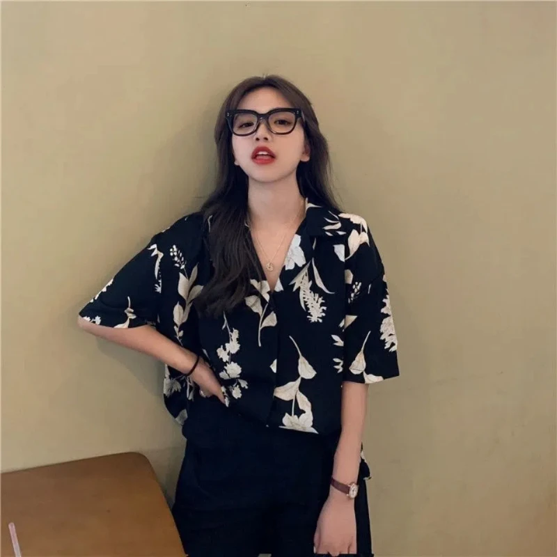Vintage Short Sleeve Blouse Summer New Polo Neck Printing Loose All-match Youth Trend Shirt Tops Casual Fashion Women Clothing