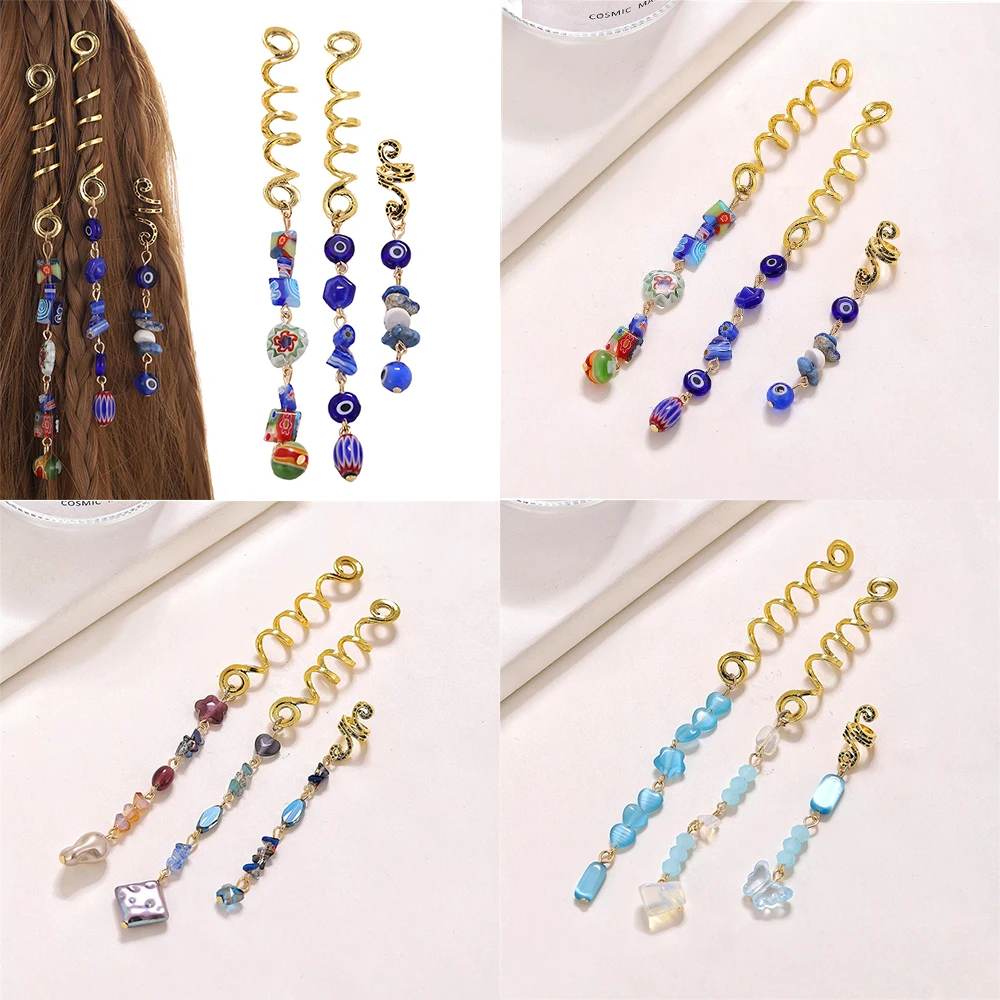 3Pcs/Set Blue Eyes Butterfly Pendants Hairpins Antique Gold Snake Hair Ring Clip for Braids Bohe Ethnic Head Jewelry Accessories