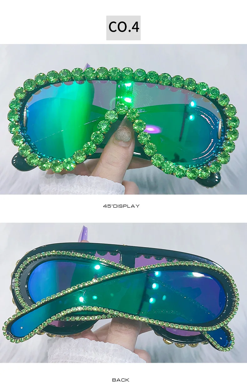 SHAUNA Crystal Oversized Mirror Coating Women Goggle Sunglasses UV400_voghion.com