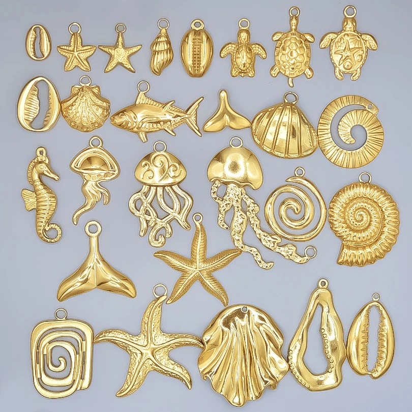 Real Gold Plated Ocean Animal Charms 6pcs For Jewelry Making Stainless Steel Charm Pendant
