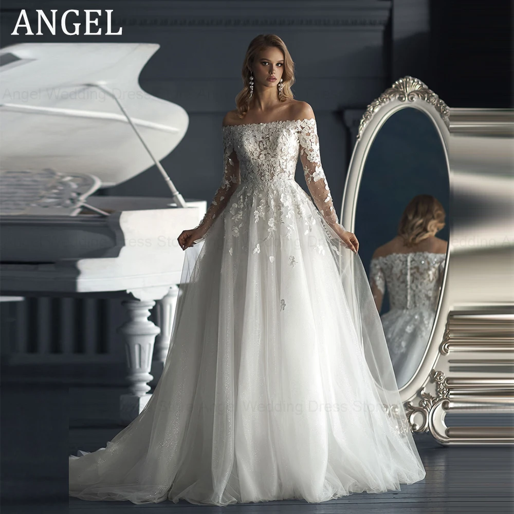 

ANGEL Boat Neck Shiny Tulle Wedding Dress Long Sleeves Applique A-Line Bridal Gowns Sweep Train Custom Made Vestido De Novia