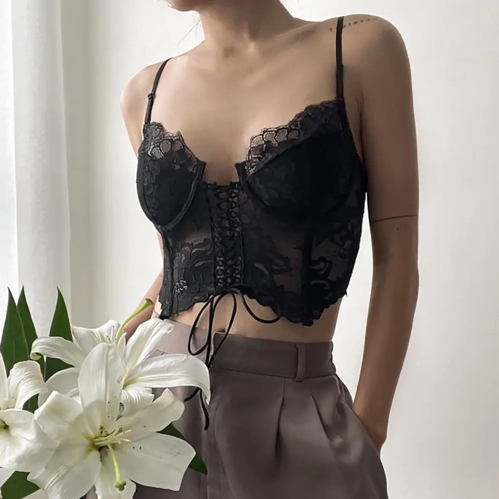 

Sexy V-Neck Sleeveless Blouse Lace-up Backless Halter Sling Vest Crochet Flower Lace Corset Bra Crop Tops Female Clothing