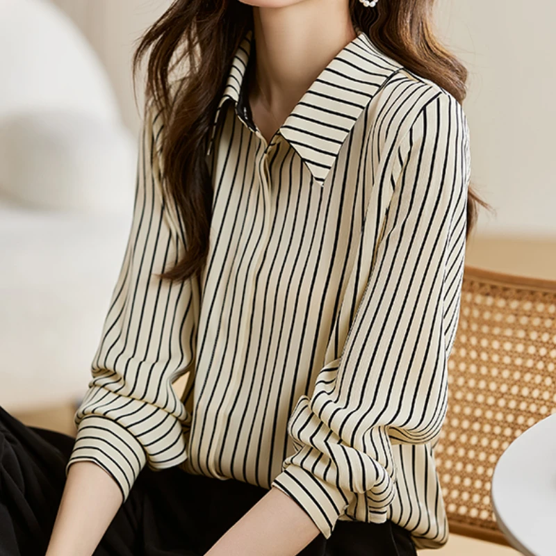 

Dropshipping Female Blusas Mujer Chiffon Blouses for Women Clothing Fashion Elegant Long Sleeve Tops Striped Spliced Office Lady