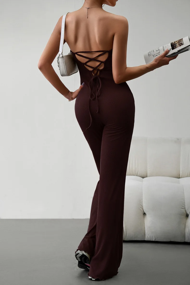 High Quality Women's Clothing Autumn Winter 2024 Elegant Slim Fitting Sexy Strapless Jumpsuit with Waistband Open Back Pants Y2k