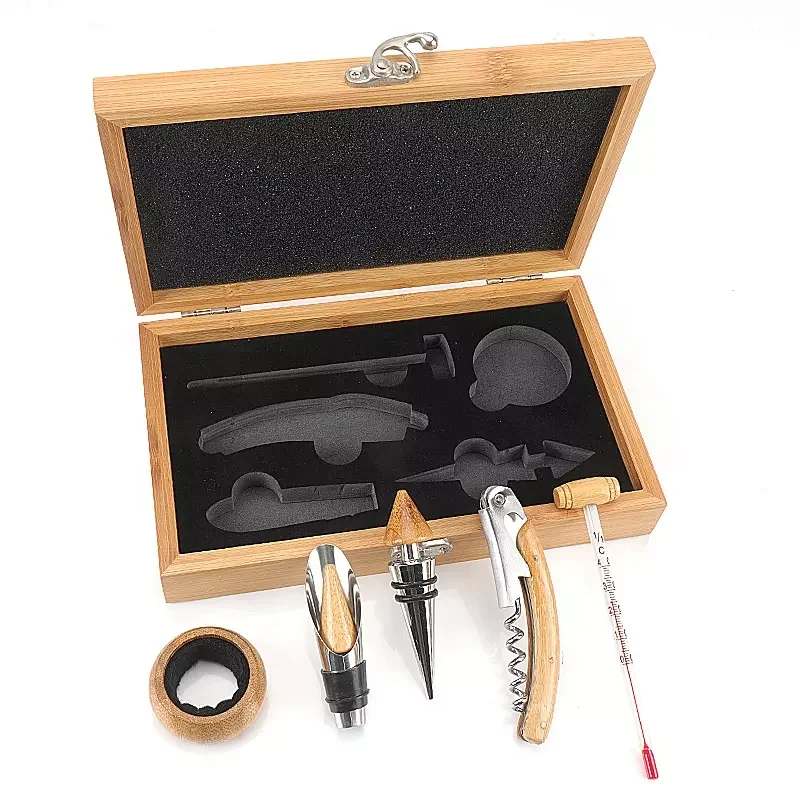 5pcs Bar Tools Wine Bottle Corkscrew Opener in Pourer Wooden Box 5 Pieces Kit Wine Accessories Gift Set with Bamboo