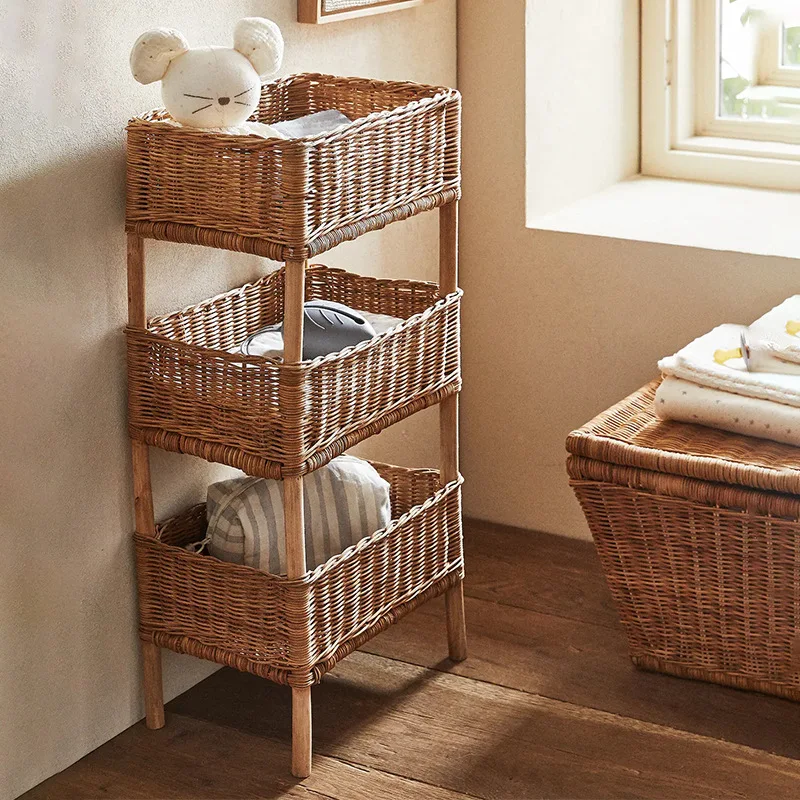 Rattan Hand woven Solid Wood Multi layer Storage Shelf