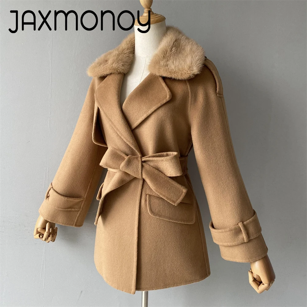 

Женское кашемировое пальто Jaxmonoy, осенне-зимняя стильная шерстяная куртка с воротником из натурального меха норки, длинный Тренч, верхняя одежда для женщин