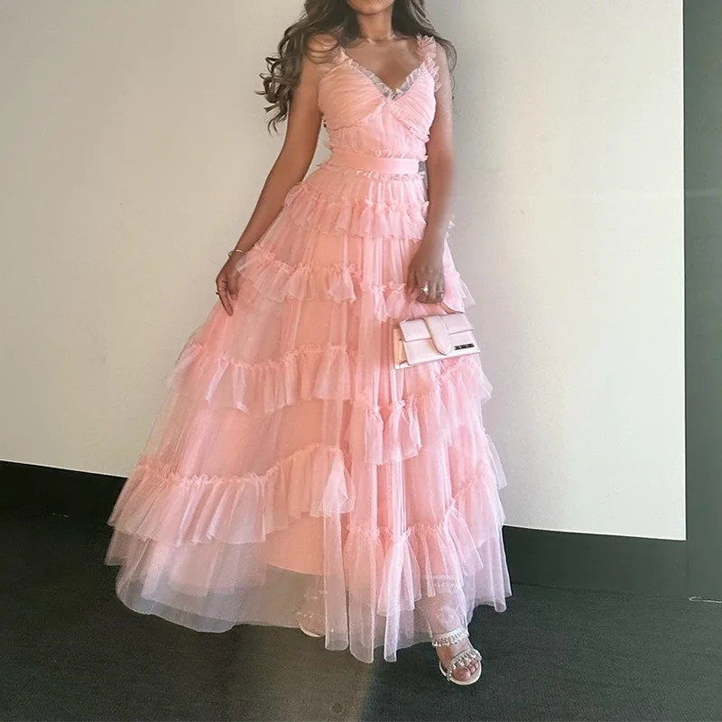 

Long Pink Evening Dresses for Women Tulle V-Neck Floor-Length A-Line Tiered Prom Party Special Events Wedding Gala Guest 2023