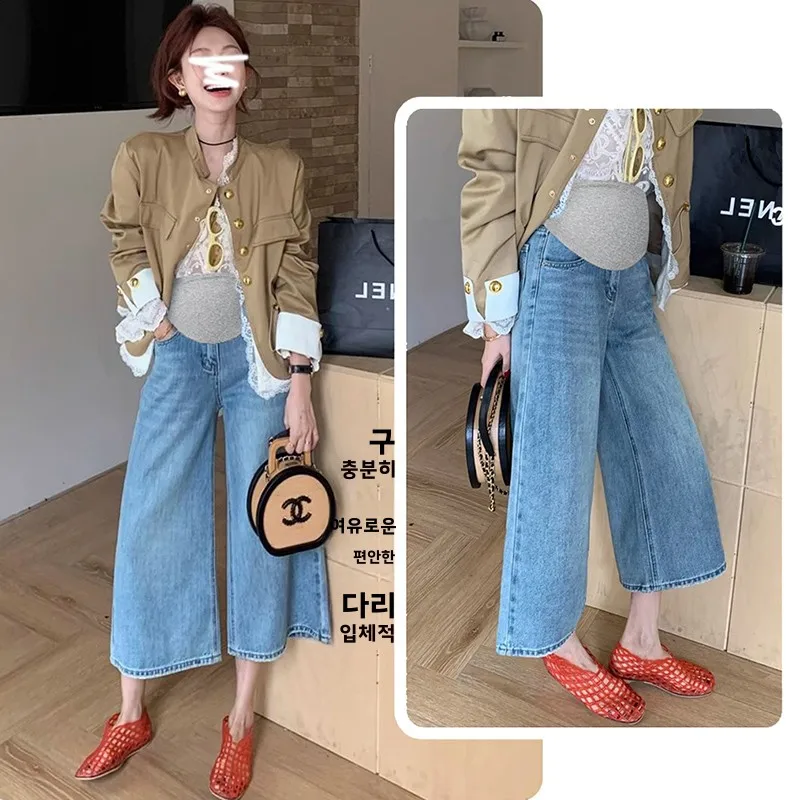 임산부용 청바지 루즈핏 와이드 레그 팬츠 플러스 사이즈 여름옷 작은 복부 지지 팬츠 면 폴리에스터 사계절용