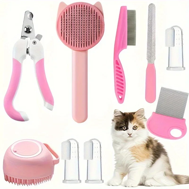 8Pcs Cat Brush Beauty Kit With Pets Nail Clippers Cat Shampoo Bath Brush Cats Sheddin and Files Pet Self-Cleaning Kit Flea Comb