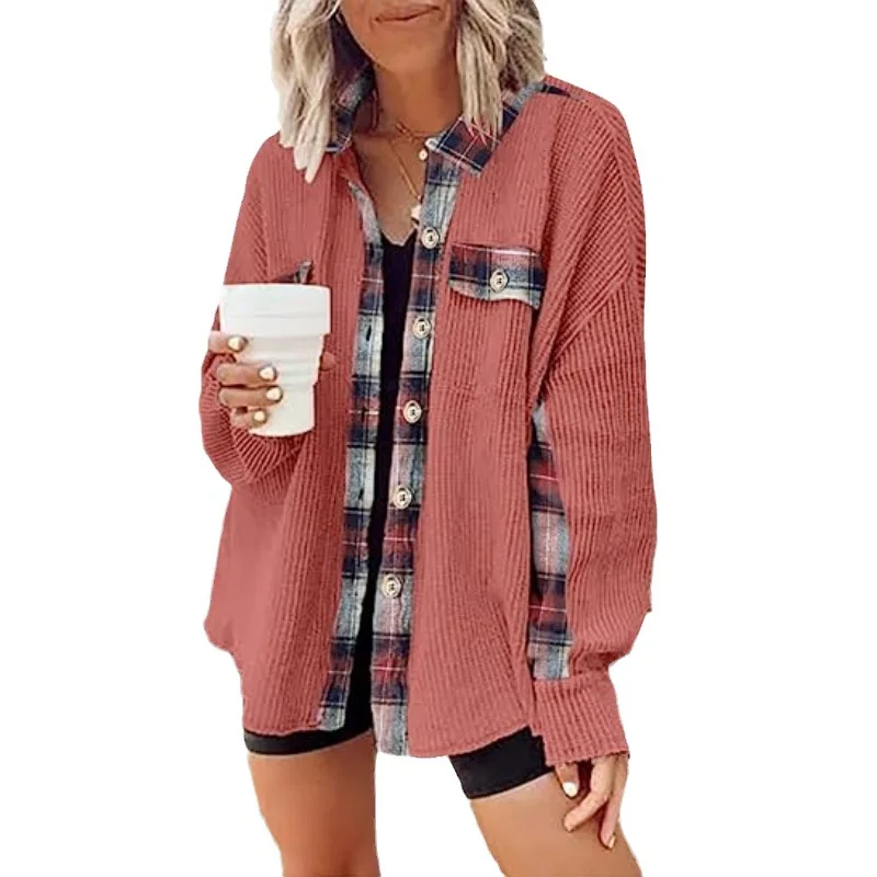 Womens Waffle Knit Plaid Shacket Boyfriend Button Down Shirt Jacket Loose Long Sleeve Tops