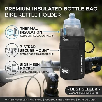 Borsa da manubrio per bicicletta, porta borraccia termico isolato, con 3 cinghie di fissaggio per MTB e ciclismo su strada