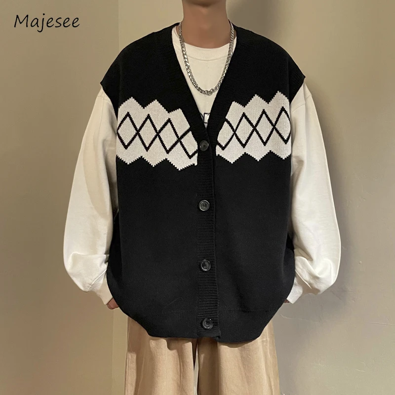 

Jacquard Sweater Vest Men Striped Panelled Korean Style Loose Youthful Handsome Slouchy Sleeveless Knitwear Single Breasted New