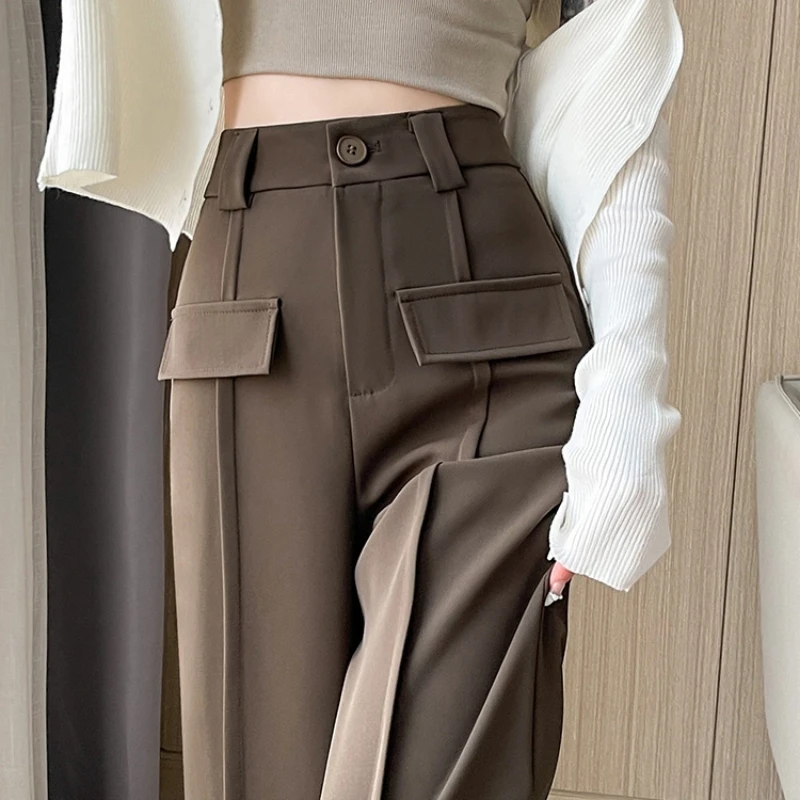 2024 New Spring/Summer Korean Loose Casual Straight Tube Pants High Waist Solid Color Commute Spliced Button Women's Trousers
