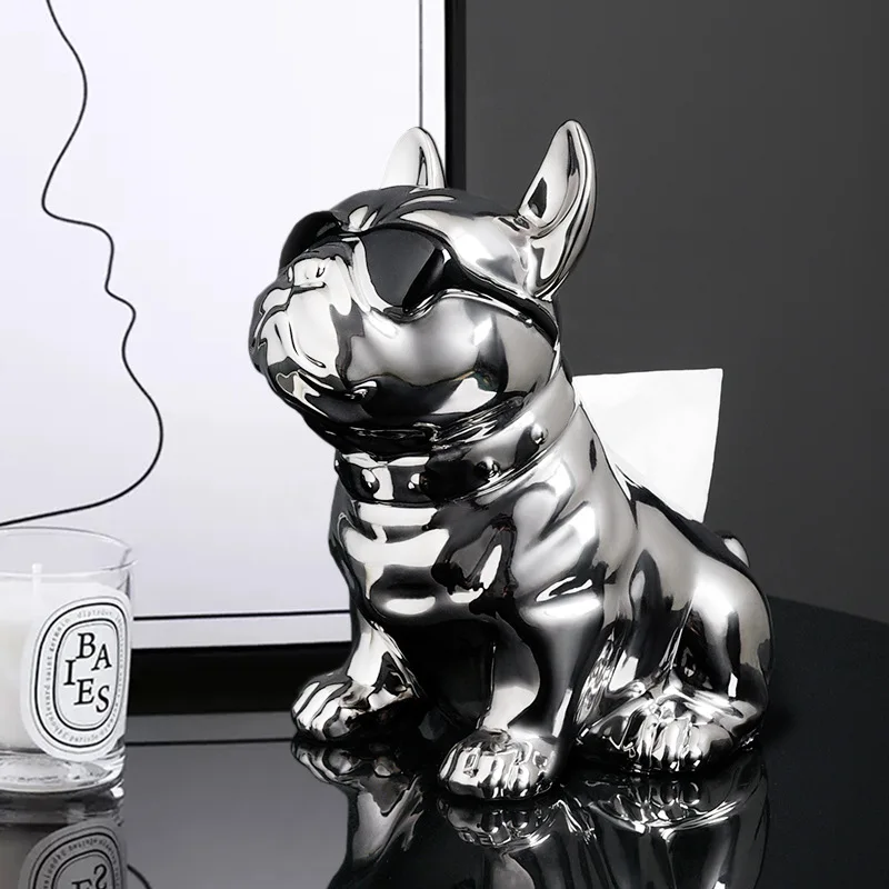 

European Light Luxury Silver Plated Ceramic Dog Paper Box Living Room Decoration TV Cabinet Creative Tissue Box