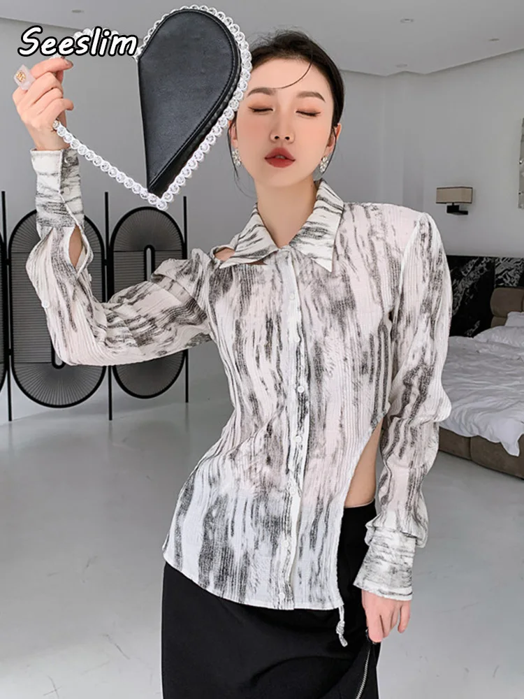

Seeslim Gothic Irregual T-shirt Women Grunge Tie Dye Crop Tops Turn Down Shirt Korean Style Streetwear Y2k Tee Tops Fashion 2022