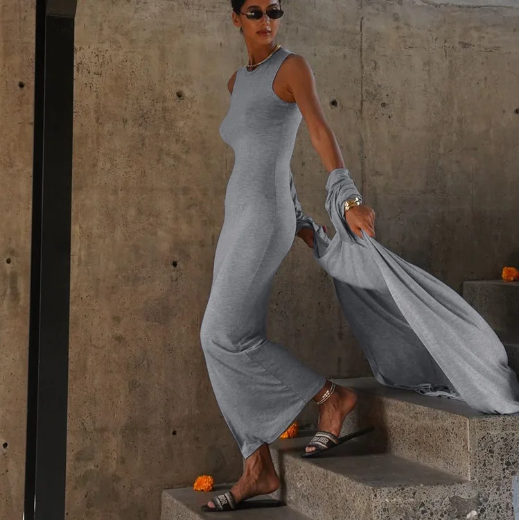 Casual 2 Piece-Set Female Long Dress Slim High Waist Patchwork Sleeveless Dress And Overcoat Sets Women Maxi Dress Outfits