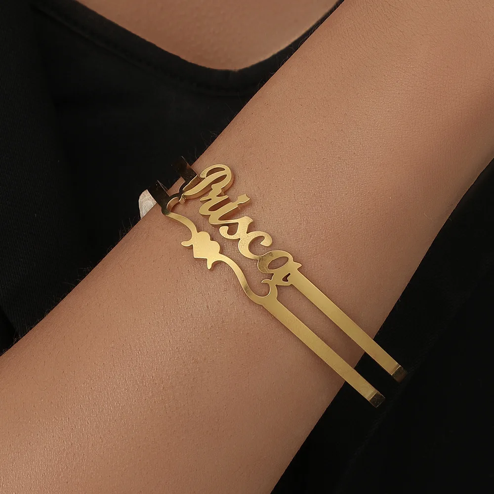 

Custom Heart Name Bracelet for Women Personalized Gold Color Stainless Steel Bangles Customized Jewelry Unique Birthday Gifts
