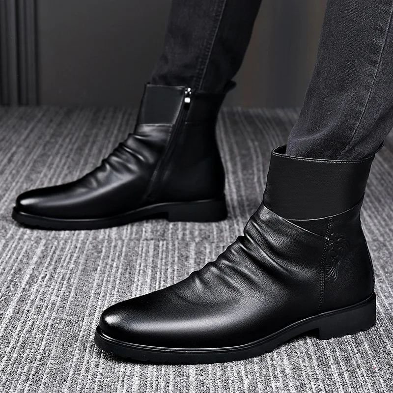 

2023 Head Layer Cowhide Men's Leather Boots Biker Boots Inside High Side Zipper Mid-top Men's Boots Martin Boots Men D9508A