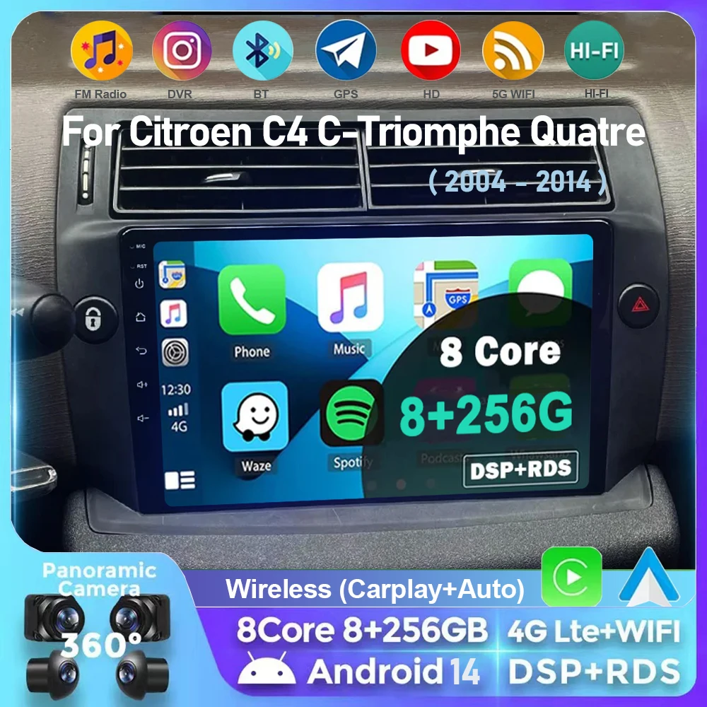 CAMECHO Android 13 2G 64G autoradio voor Citroen C4 2004-2009/C-Quatre 2008-2011, 9 scherm autoradio met draadloze Apple Carplay Android Auto, Bluetooth/GPS/WiFi/FM/RDS/SWC/USB achteruitrijcamera
