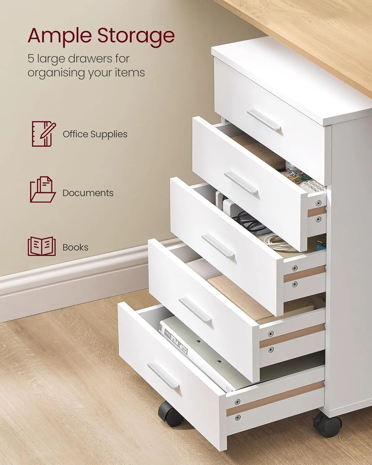 File Cabinet, Mobile Pedestal Filing Cabinet with Wheels, Printer Stand with 5 Drawers, Tool-Free Sliding Rails