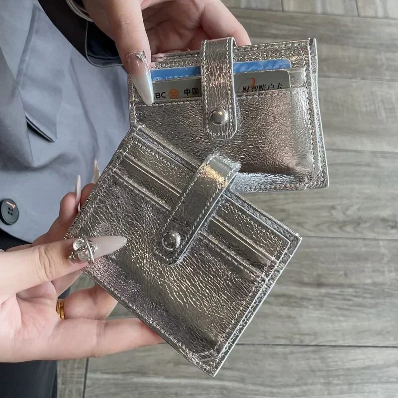 New Fashion Silver Genuine Leather Card Storage Bag Multi-card Slot Ultra-thin Card Holder ID Bag Mini Cute Wallet for Women