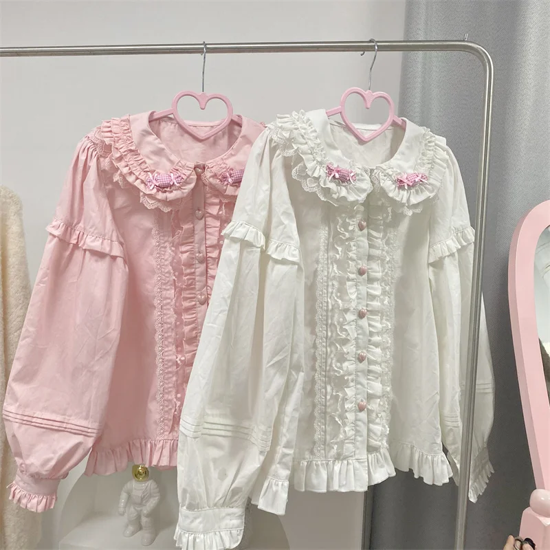 

Japanese Cute Lolita Blouses Women Kawaii Candy Peter Pan Collar JK Shirt Tops Girls Sweet Lace Ruffles Puff Sleeve Chic Blouse