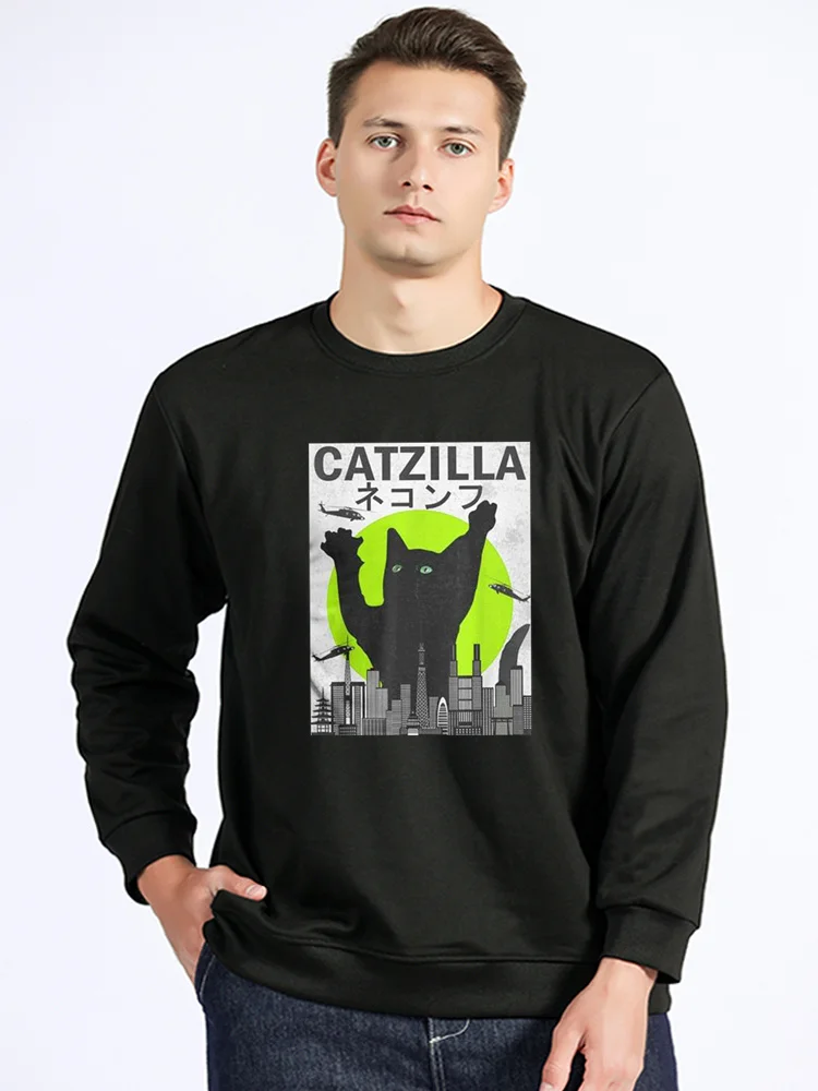 FunnyCatzillaJapanCatKittenLoverMenPulloverSweatshirtsMaleCasualOversizedSweater