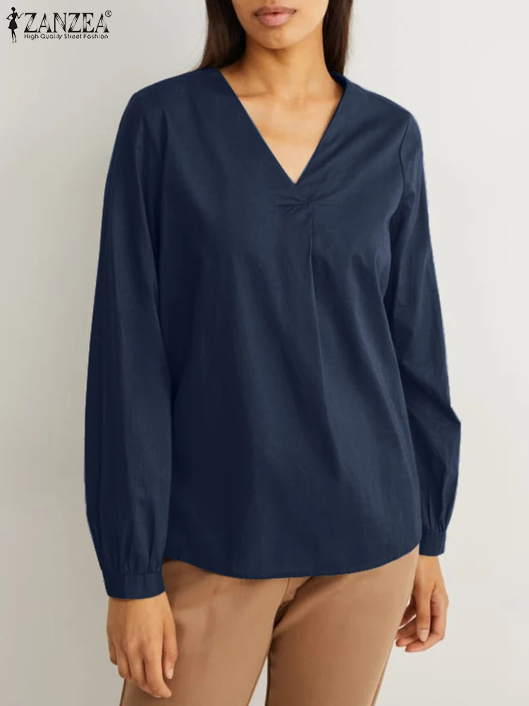 

2023 Pleating Holiday Tops ZANZEA Women V-neck Blouse Fashion Solid Color Shirts Autumn Casual Loose Oversized Blusas