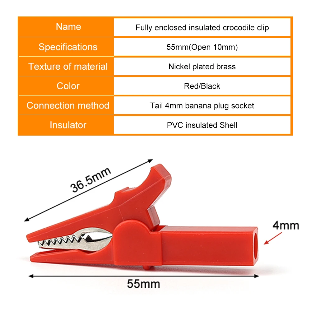 55mm Alligator Clip Banana Plug Test Probes 4pcs/Set 4mm Banana Plug Cable Clips Red + Black Test Accessories