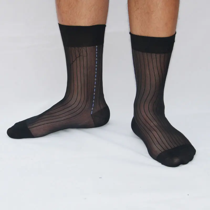 5 Pairs Large Men's Mid-Calf Polyamide Sheer Socks Fashion Jacquard Summer Thin Breathable Long Silk Socks Man Gift High Quality