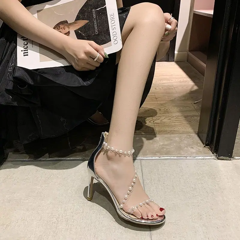 Summer 2023 Open Toe Footwear Thin Heels Sandals for Woman Silver Diamond  Women's Shoes Clear Stiletto Transparent Rhinestones H