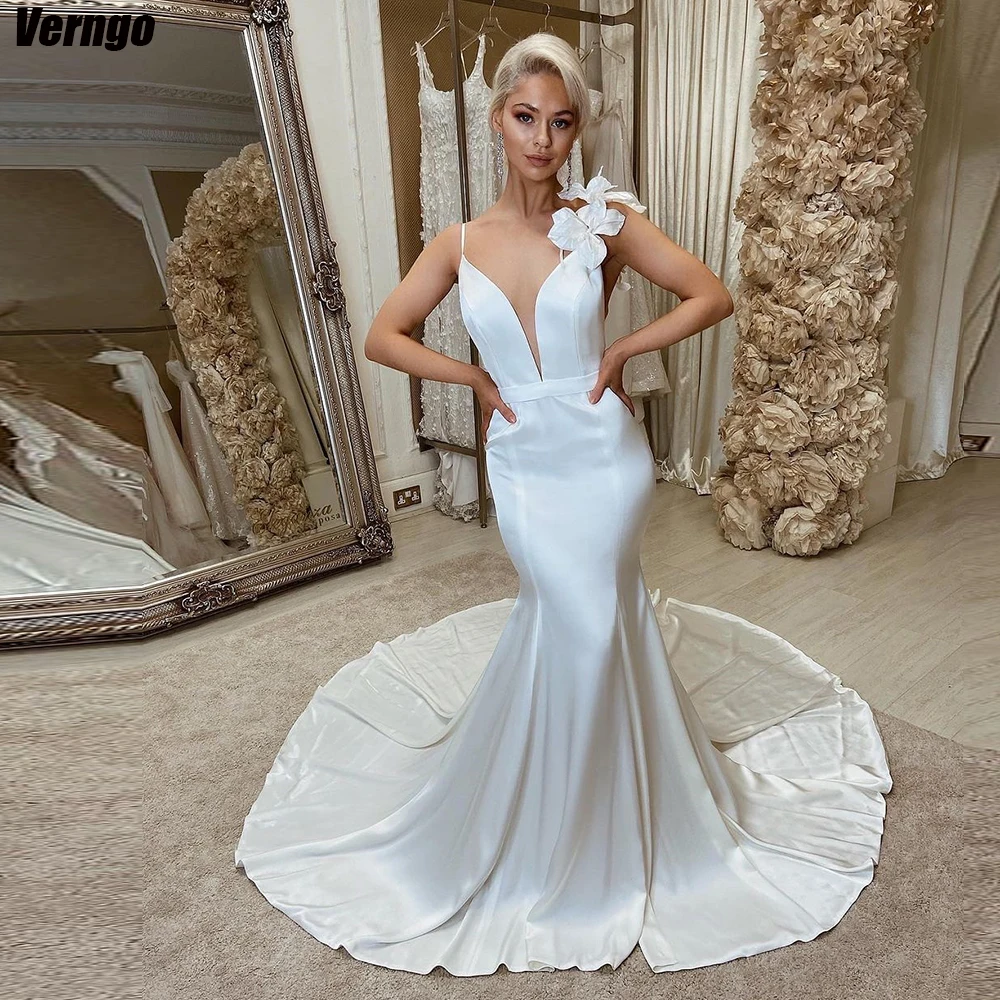 

Verngo Simple Mermaid Wedding Dresses Sleeveless Spaghetti Straps Bridal Gown Satin Backless Bridal Dress Vestido De Novia