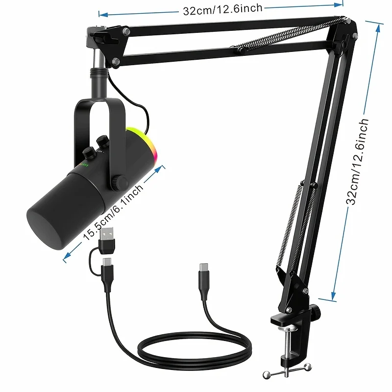 XLR/USB 게이밍 마이크 키트: 스트리밍, 팟캐스팅용 다이나믹 PC 마이크, 소프트웨어 지원, 음소거 버튼, RGB 컴퓨터 마이크