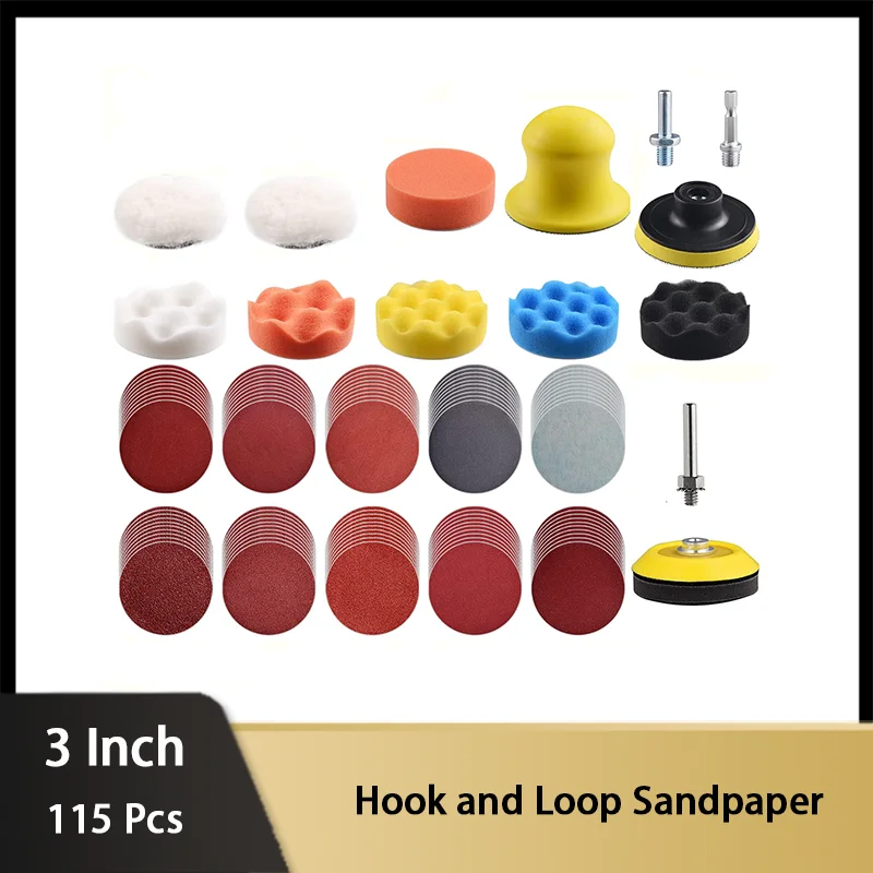 

3 Inch Hook and Loop Sandpaper Kit 115 Pcs Assorted 80-3000 Grits with 5/16" and 1/4" Shanks for Car Buffer Polisher Waxing