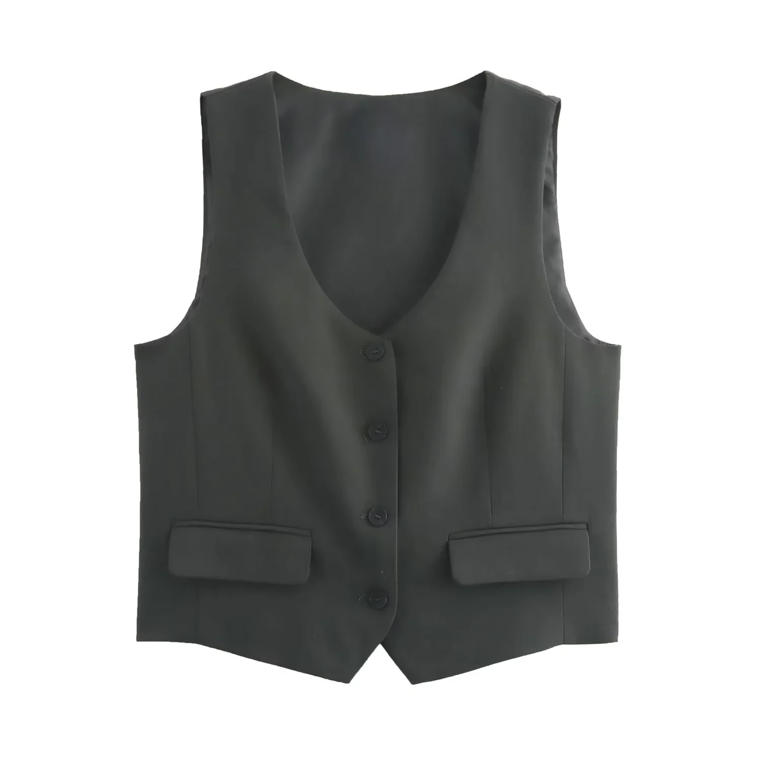 HH TRAF Traje elegante de verano para mujer, chaleco de un solo pecho sin mangas con escote en V y cintura alta con bolsillo y cremallera, pantalones anchos plisados para mujer