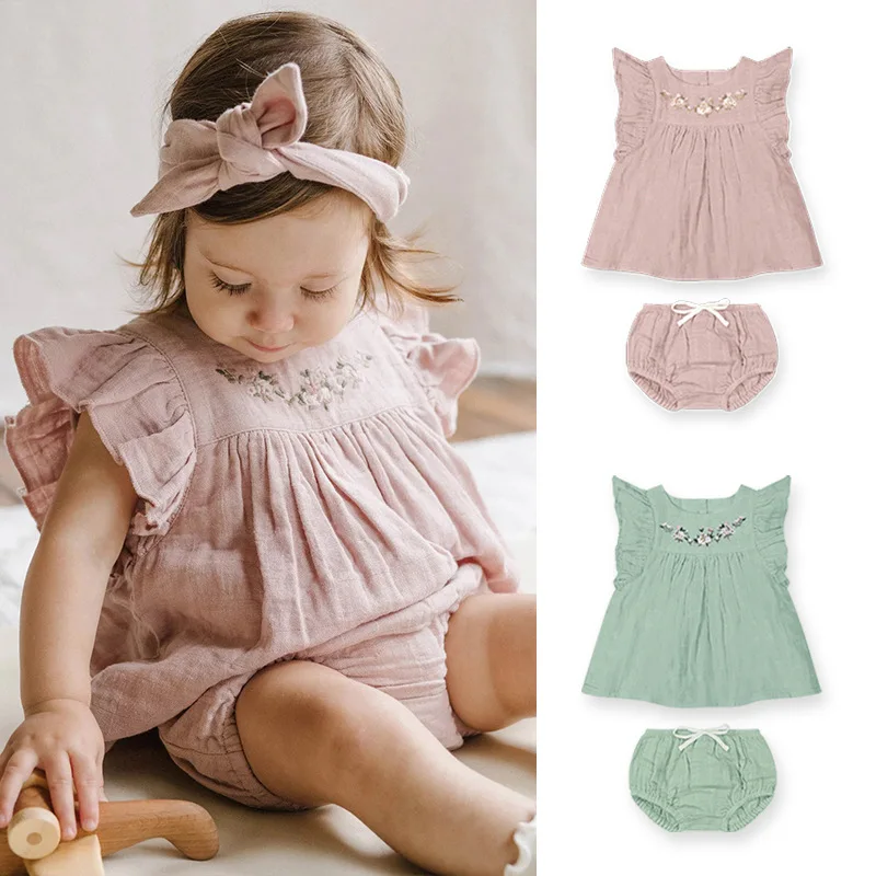 

Baby Girl Clothes Embroidery Dress 2023 Summer Cotton Girls' Little Flying Sleeve Princess Dress Shorts Two Piece Set