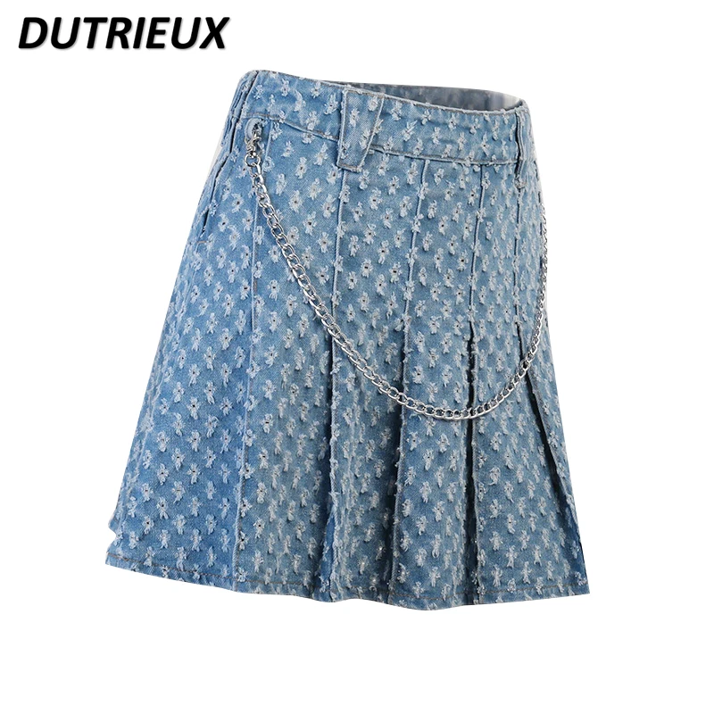 

2023 Spring and Autumn New Ripped Polka Dot High Waist Skirt Hot Girl Pleated Skirt High Street Sytle Women's Denim Skirts