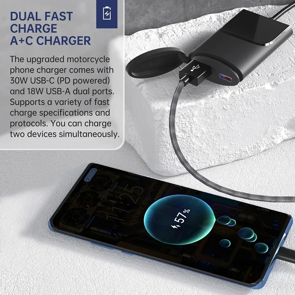 PD + QC3.0 오토바이 USB 충전기, 30W USB-C 충전기, IP67 방수 핸들 바 장착 브래킷 충전기, 디지털 카메라 휴대폰용