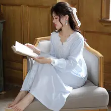  Spring Lady Long Nightdress Lace Trim Princess Dress Sexy V-Neck Lingerie Nightgown Bud Full Sleeve Loose Home Sleepshirts Skirt 