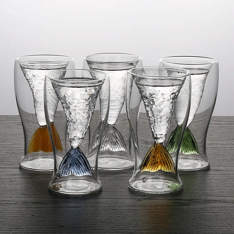 

100ml Cute Mermaid Tail Wine Glass Double Wall Cocktail Glass Beer Whisky Cup Glassware Bar Tools