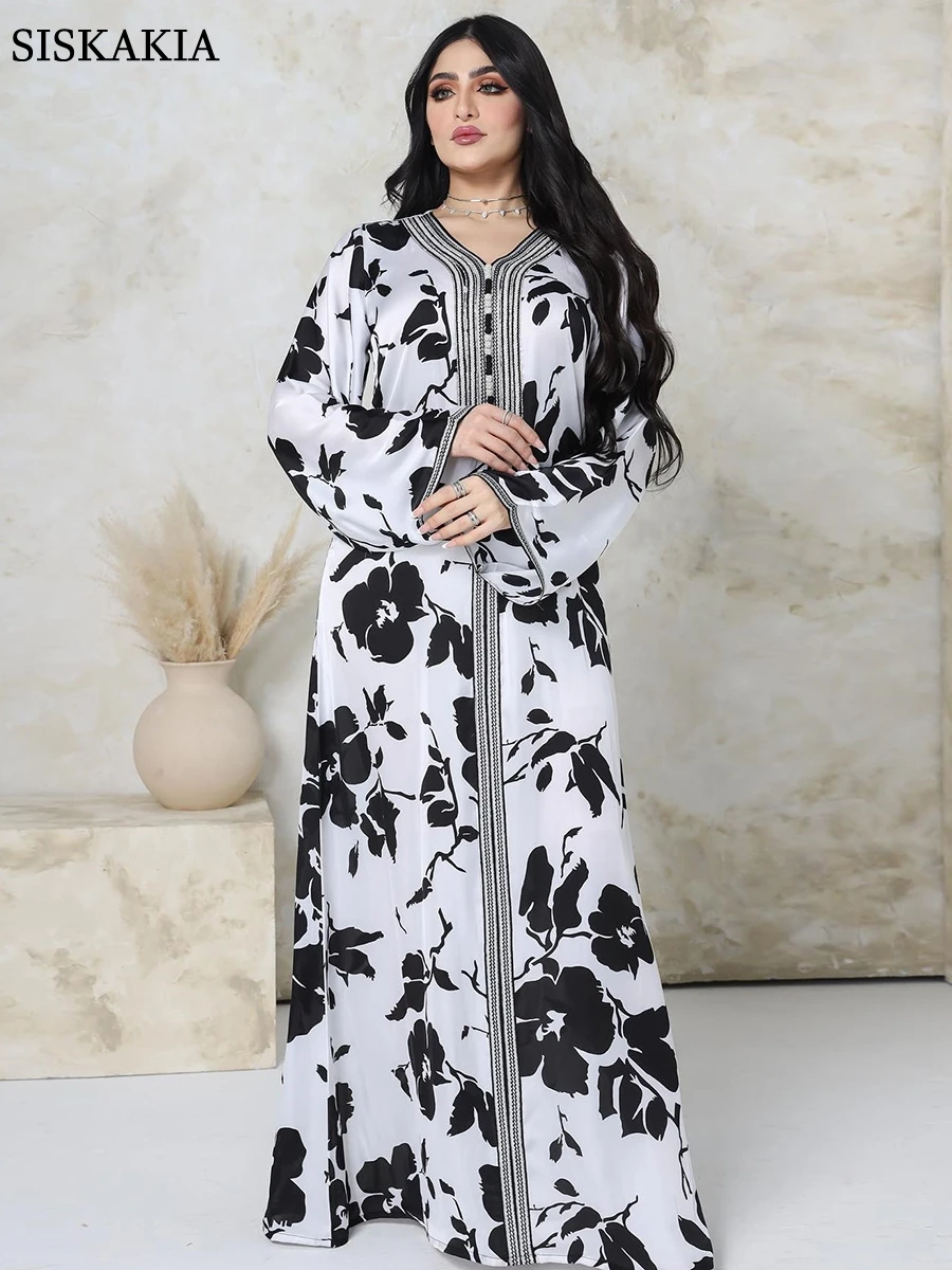 

Abaya Saudi Arabia For Women Knitted V-Neck Long Sleeve Vintage Flower Print Dubai Kaftan Dress Feminine Clothes Muslim Ramadan