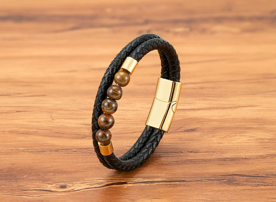 TYO High Quality Natural Stone Tiger Eye Beaded Bracelets Woven Leather Bangles Men Classic Fashion Magnet Clasp Jewelry Gifts